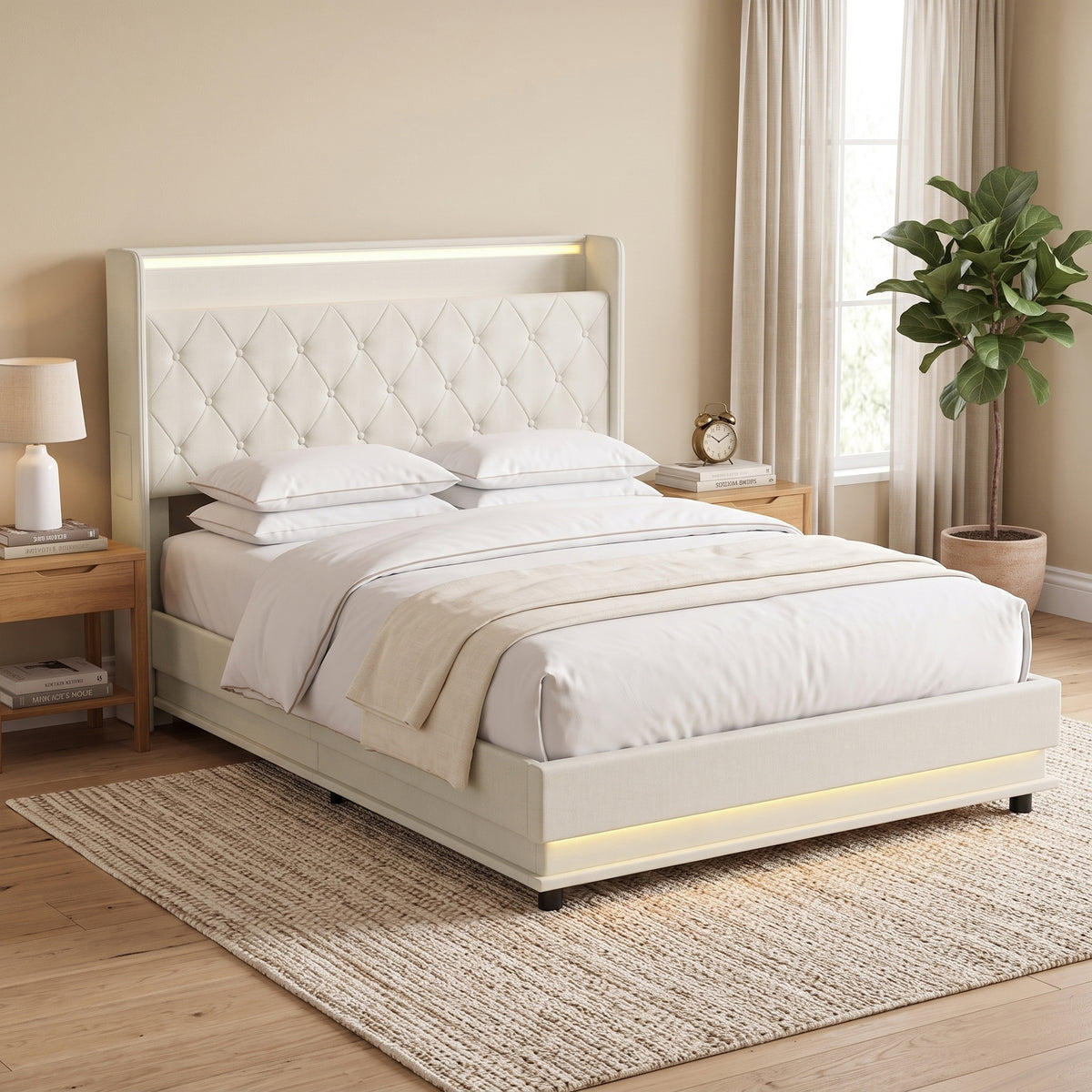 Homcom 4ft6 Double Bed Frame With Hydraulic Storage Led Lights Charging Cream