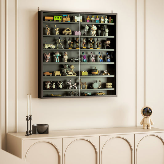 HOMCOM Six Shelf Display Cabinet With Glass Doors Black For Display And Storage Adjustable Shelves In Eleven Positions