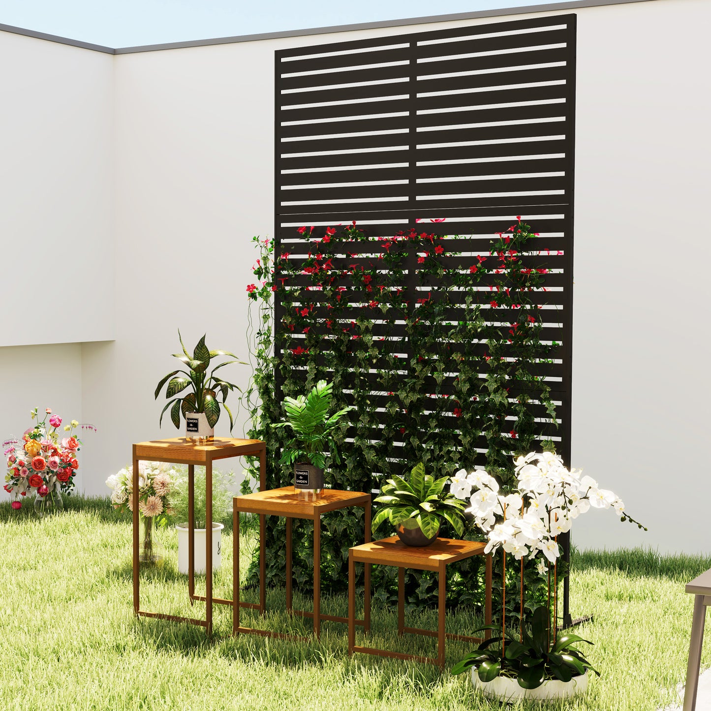 Outsunny Decorative Privacy Fence Screen With Stand 122 X 198 Cm Black Metal Trellis For Outdoor Privacy