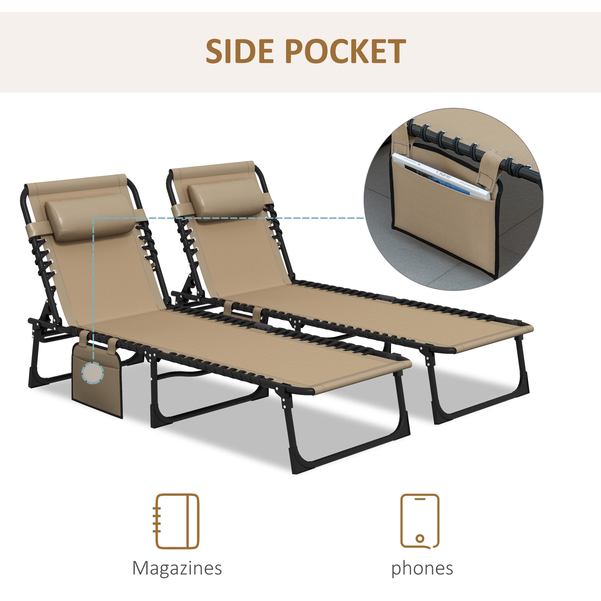 Outsunny Adjustable Folding Sun Lounger Set of 2 with Side Pocket - Portable Reclining Camping Cots - ALL4U RETAILER LTD