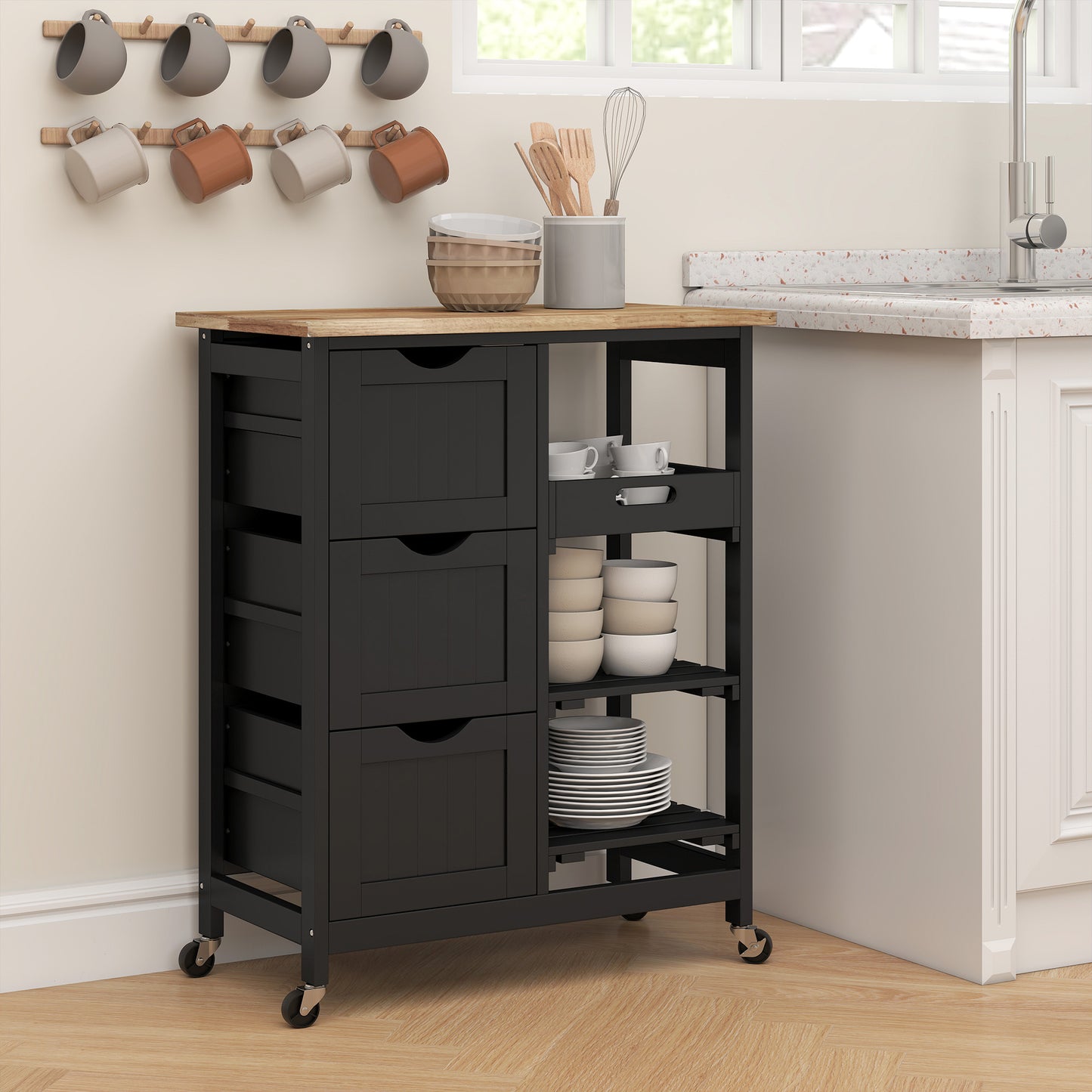 HOMCOM Rolling Kitchen Island Cart With Wood Top Shelves And Drawers Bar Serving Trolley On Wheels For Dining Room Black