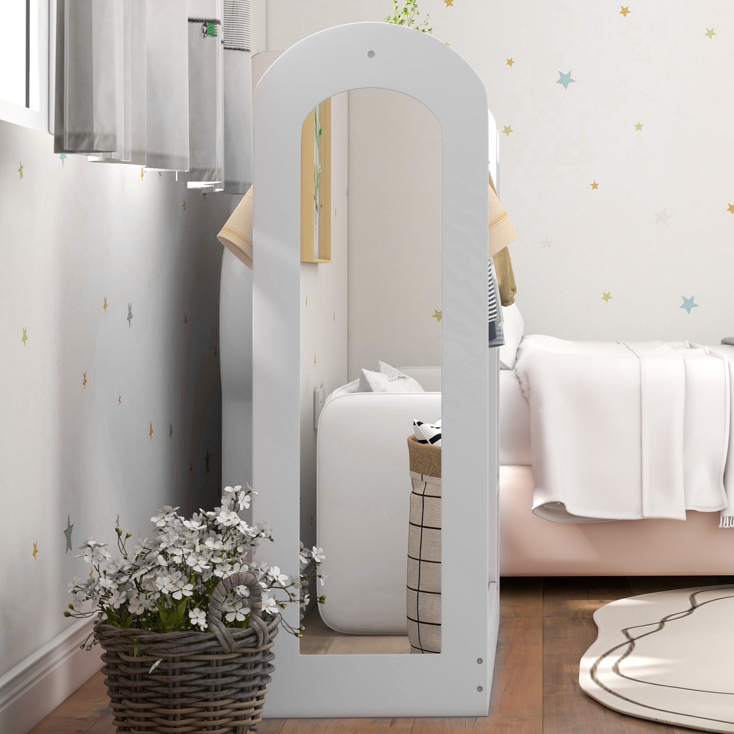 AIYAPLAY Kids Clothes Rail Wardrobe With Storage Shelf And Boxes Mirror For Bedroom And Nursery White