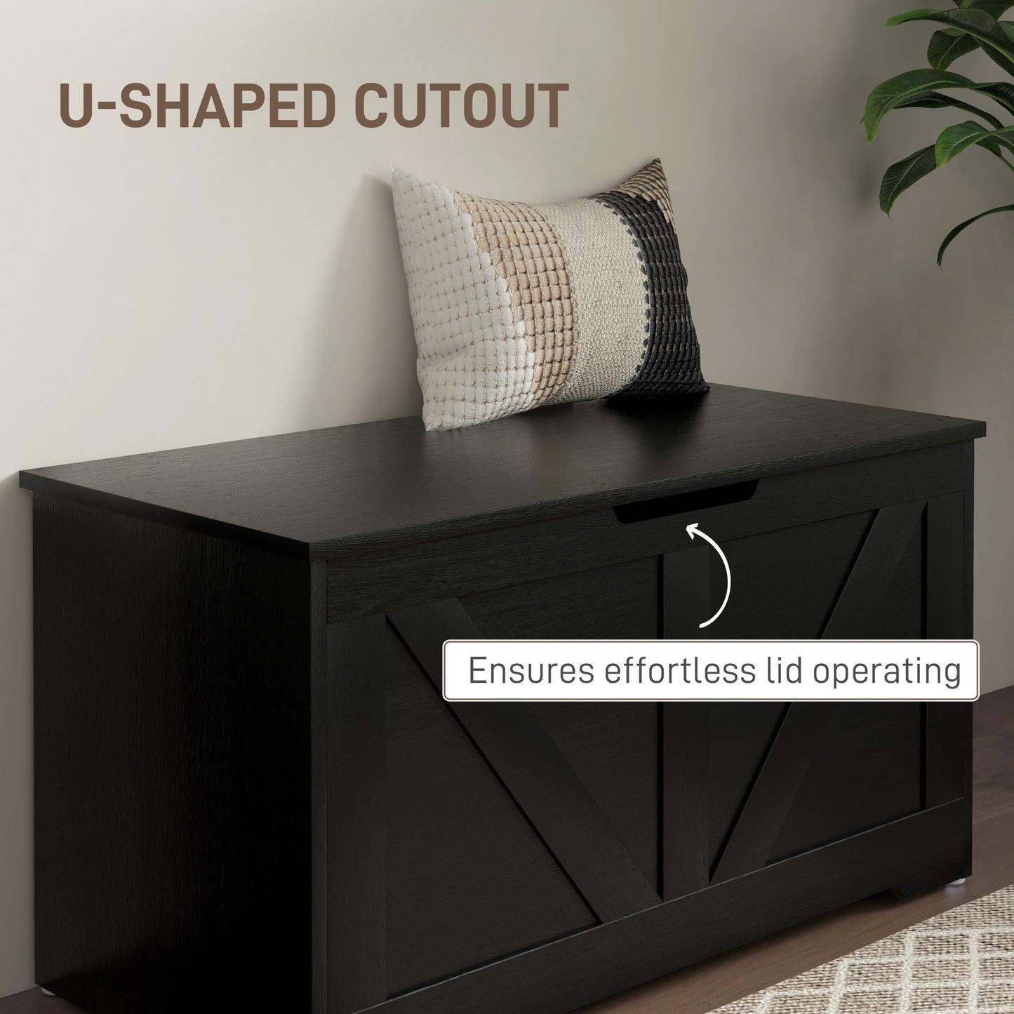 HOMCOM 100L Storage Ottoman Bench With Safety Hinges Black Wood Effect For Living Room Storage And Seating