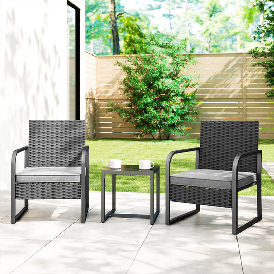 Outsunny Rattan Bistro Set 3 Piece Garden Furniture With Cushions And Glass Top Table Black Weather Resistant