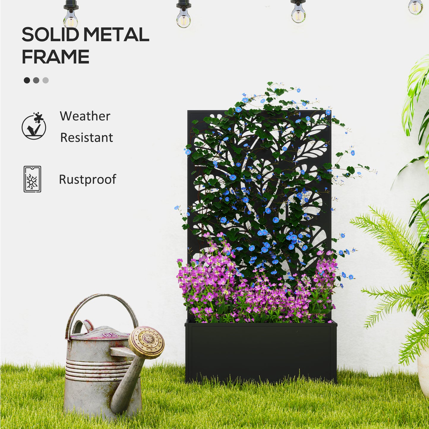 Outsunny Outdoor Metal Planter With Back Trellis Black Garden Planter Box 23 x 58 cm 32L Soil Capacity