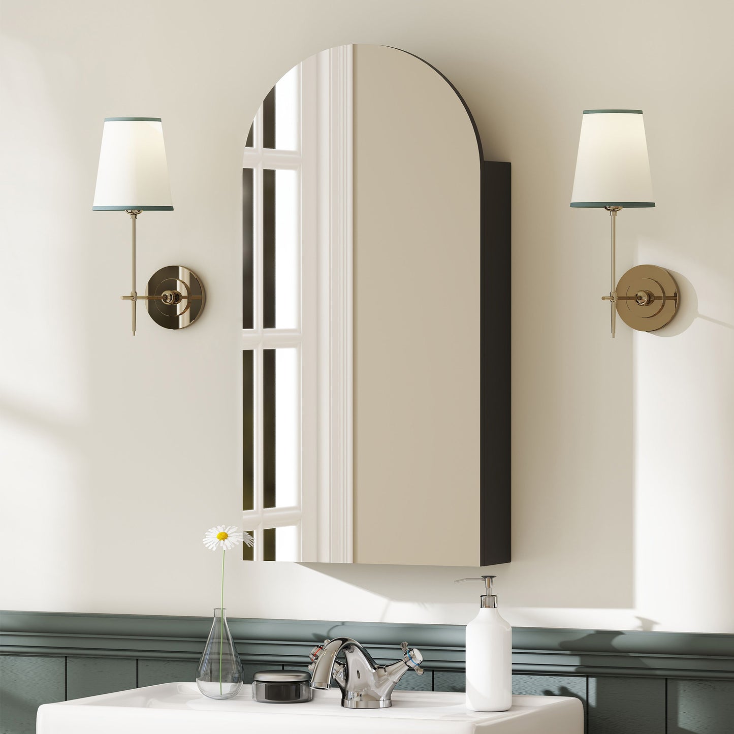 HOMCOM Arched Bathroom Mirror Cabinet With Adjustable Glass Shelves Black Finish
