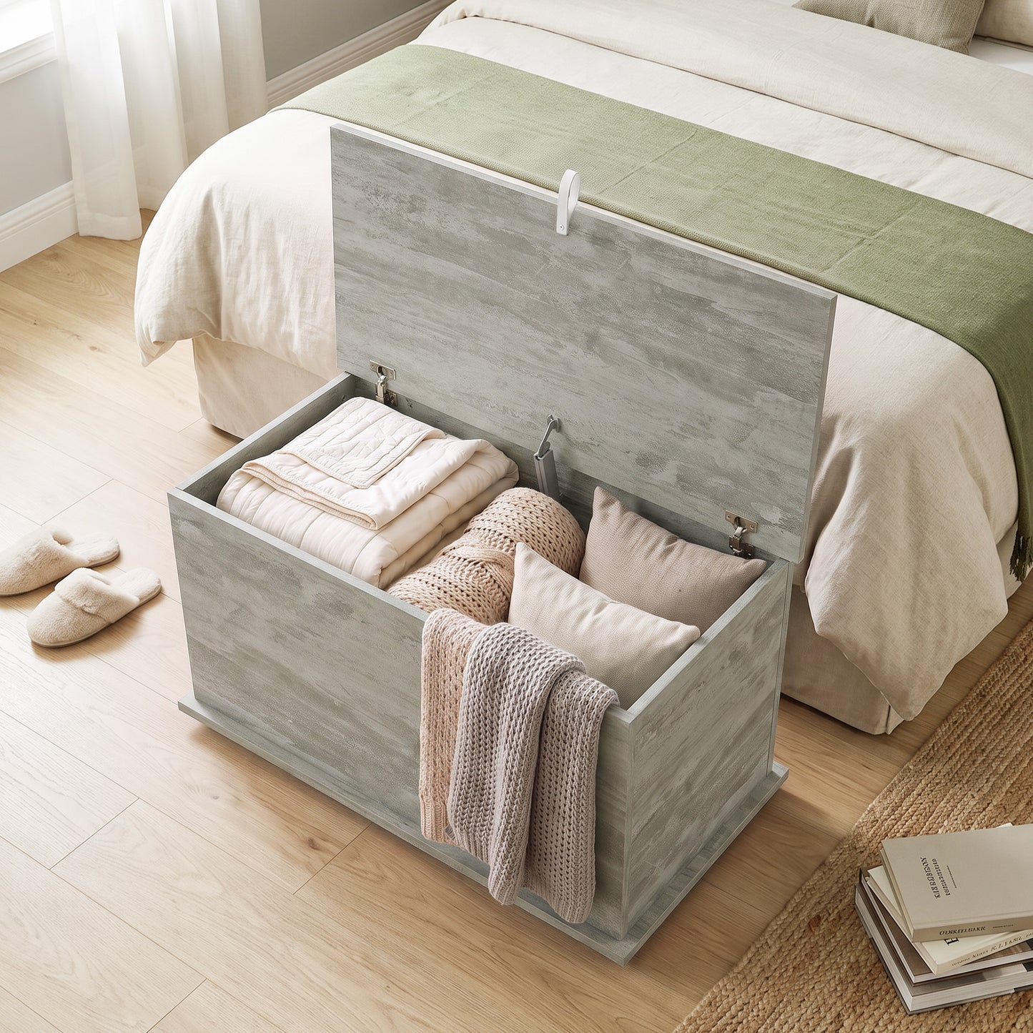 Grey HOMCOM 102L Wooden Storage Bench With Safety Hinged Lid