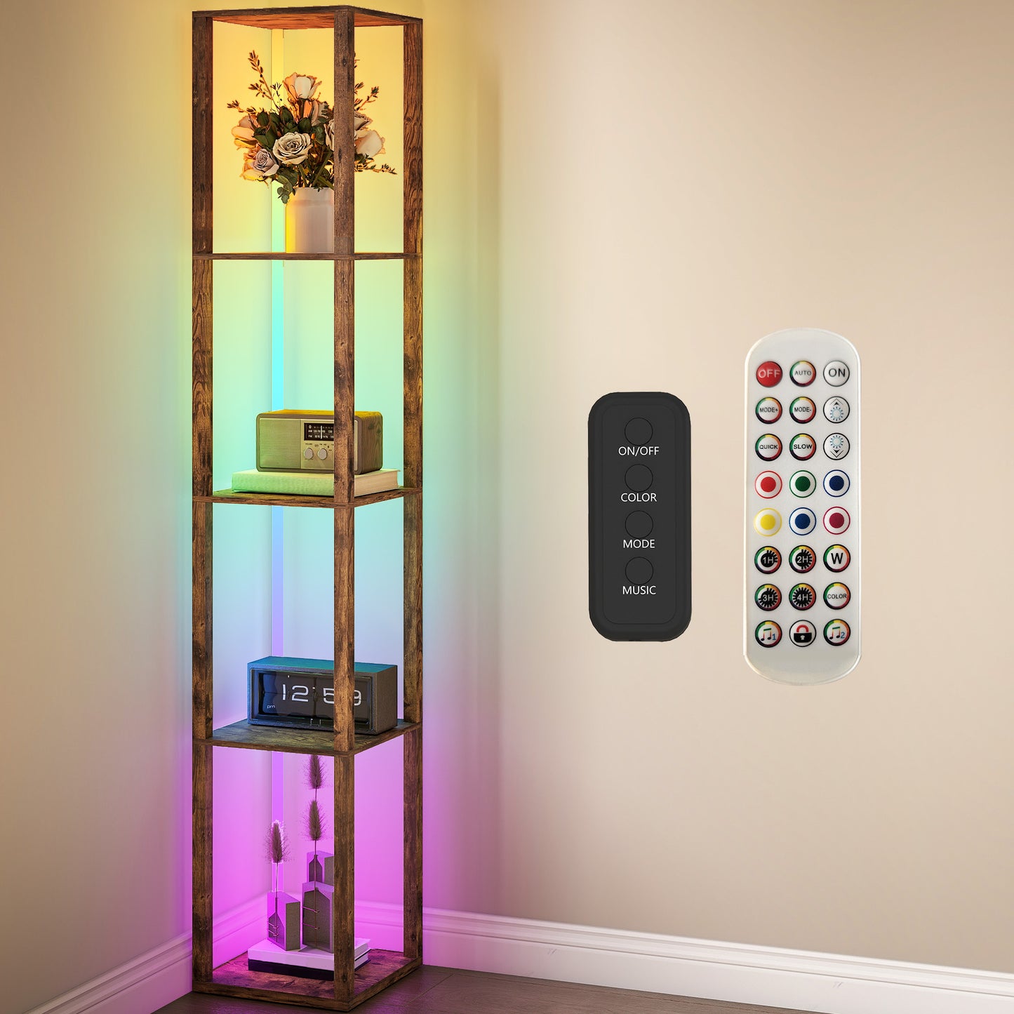 HOMCOM RGB LED Floor Lamp With Shelves, Modern Dimmable Standing Lamp With Remote Control Rustic Brown