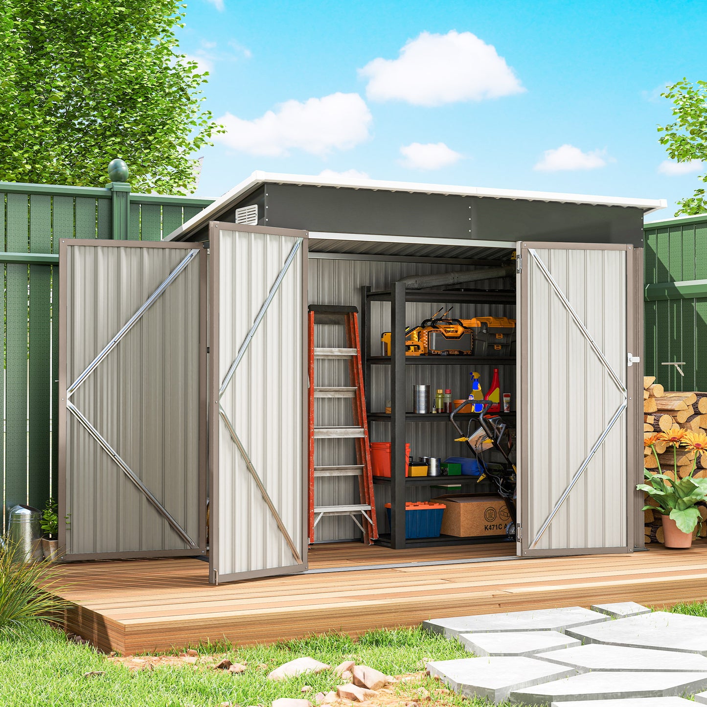 Outsunny 7.5 x 4.3 Ft Metal Garden Storage Shed Waterproof Outdoor Shed With Triple Lockable Doors Vents Light Grey