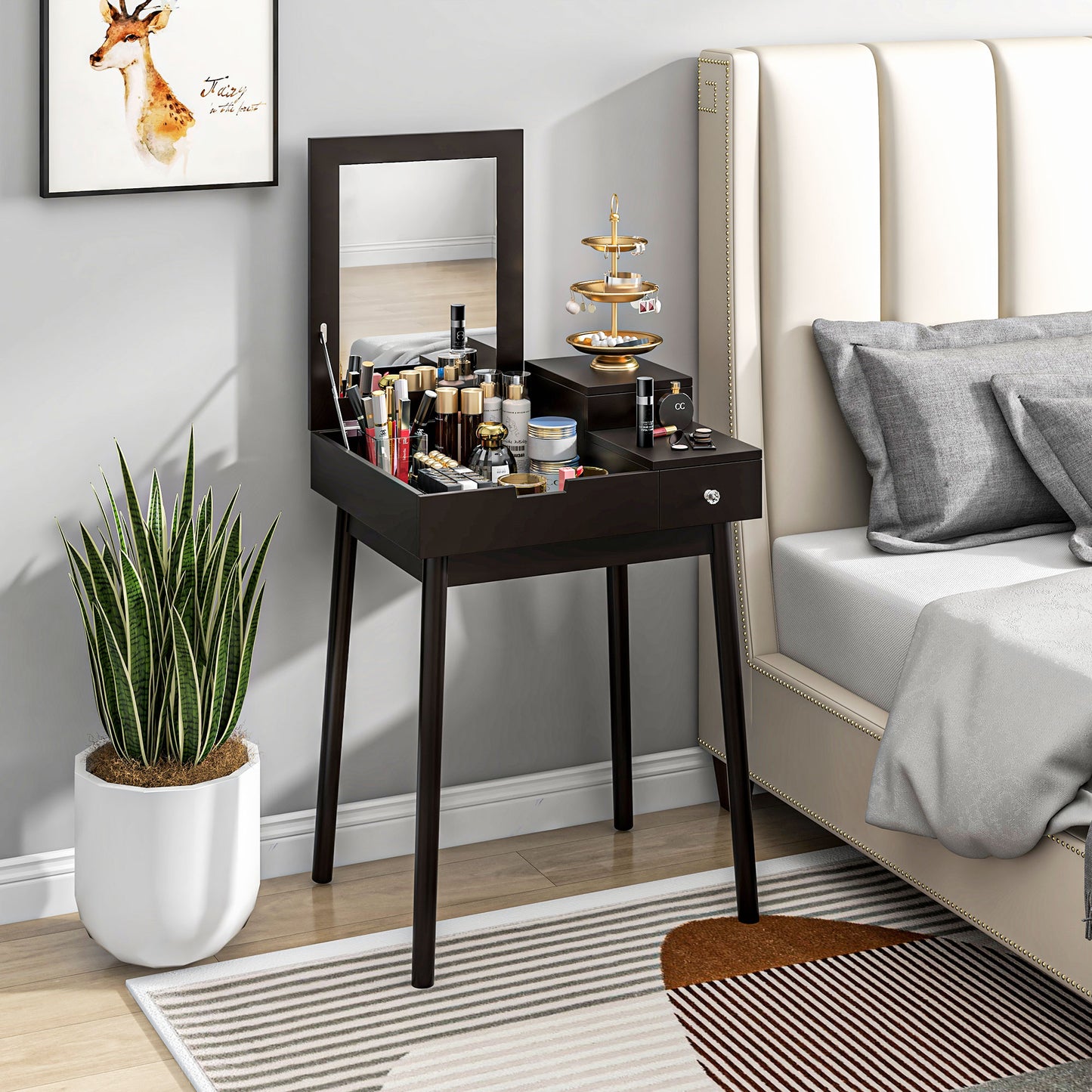 HOMCOM Dressing Table With Flip Up Mirror Two Drawers Pine Wood Legs Vanity Desk For Bedroom And Living Room Black