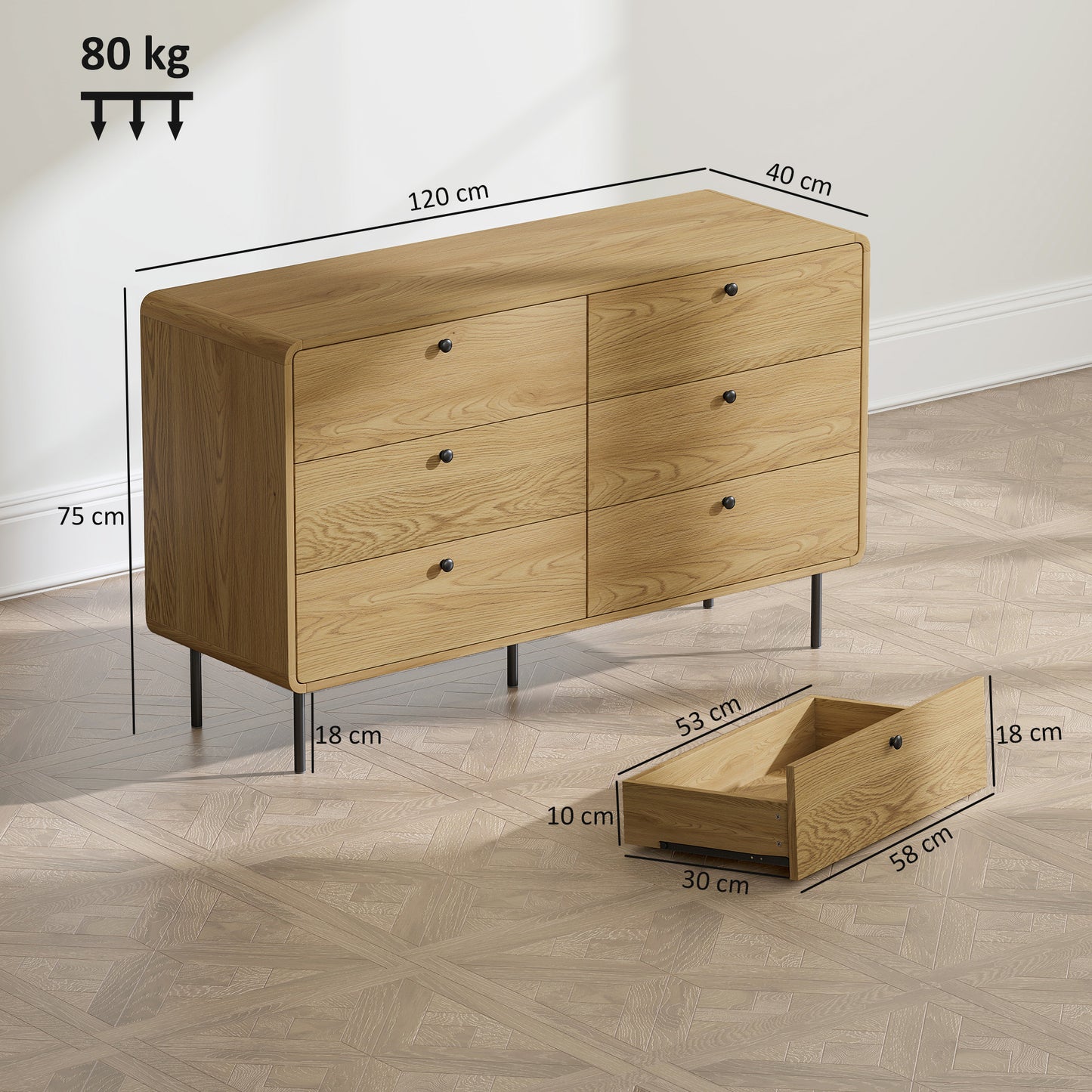 HOMCOM Chest of Drawers Six Drawer Dresser Oak Finish Modern Rounded Edges Safe Family Furniture
