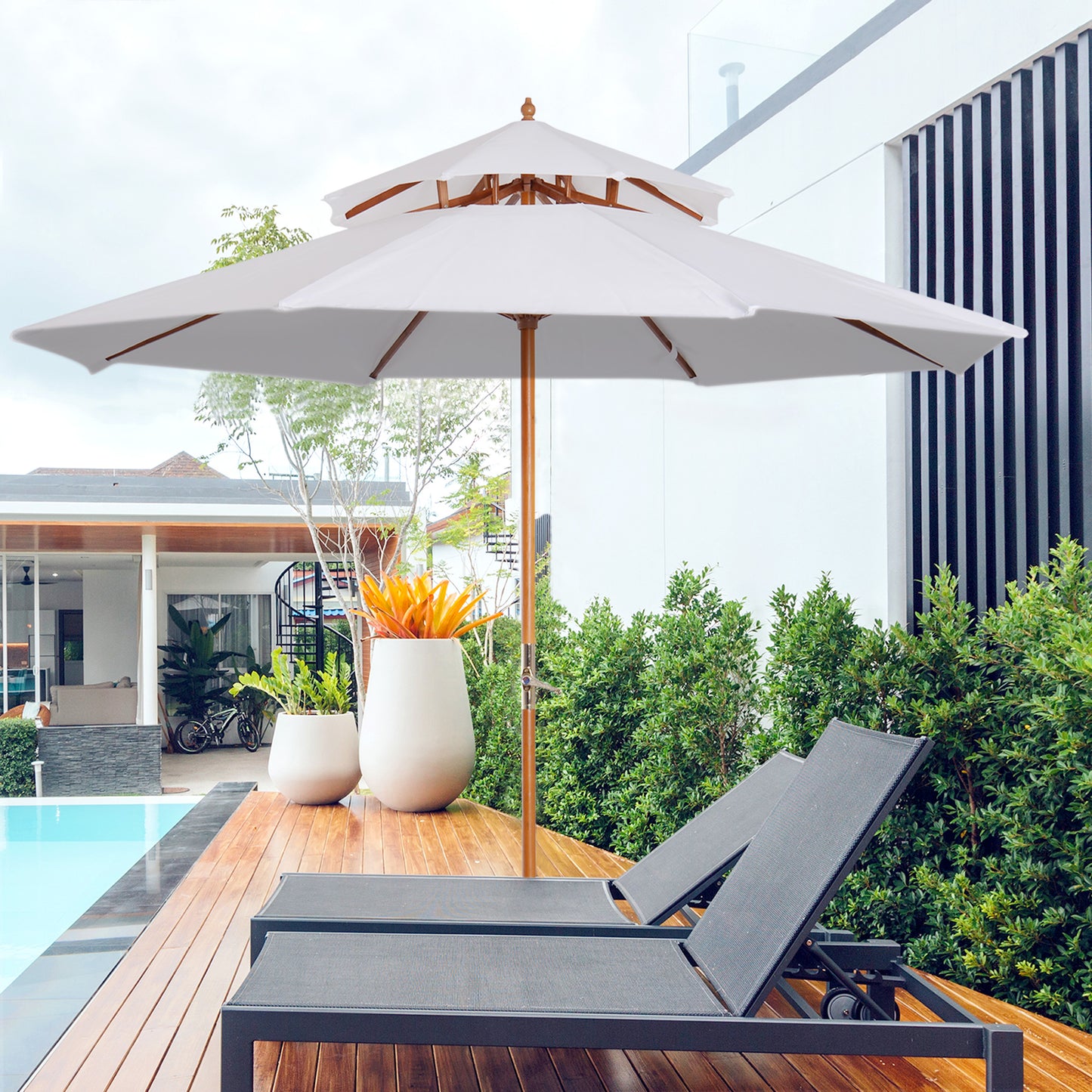 Outsunny 2.7m Elegant Wooden Frame Parasol Umbrella With Poplar Wood Canopy And Eight Bamboo Ribs