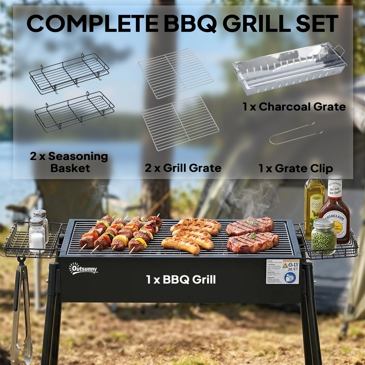 Outsunny Portable Charcoal BBQ Grill With Seasoning Baskets For Camping Picnics And Hiking