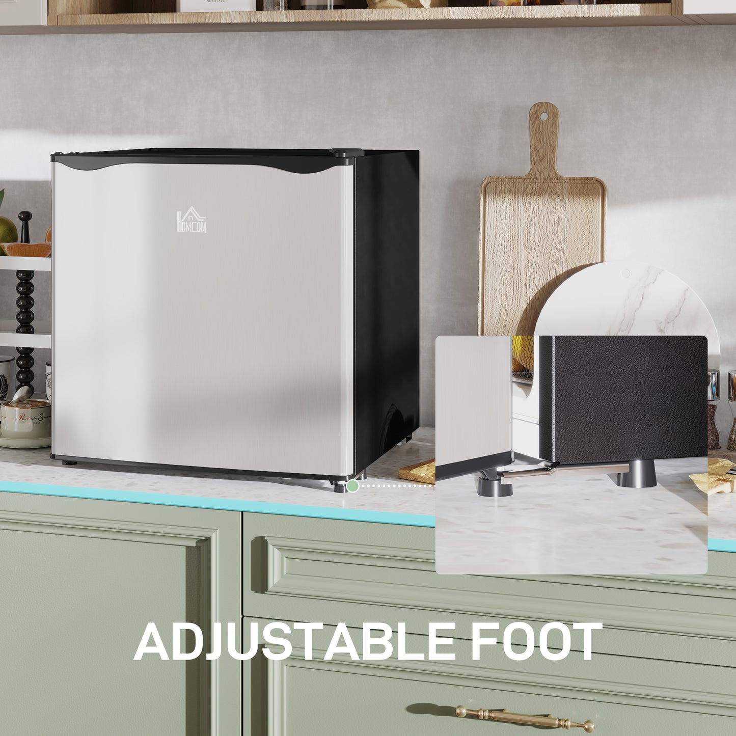 HOMCOM 46 Litre Table Top Mini Fridge with Ice Box Reversible Door Adjustable Temperature and Legs Silver Tone