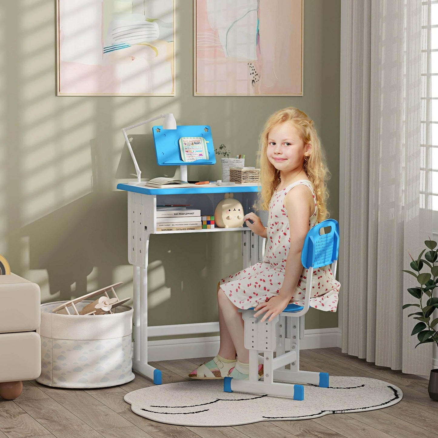 HOMCOM Blue Kids Study Desk and Chair Set with Storage, Adjustable Height and Book Stand - ALL4U RETAILER LTD