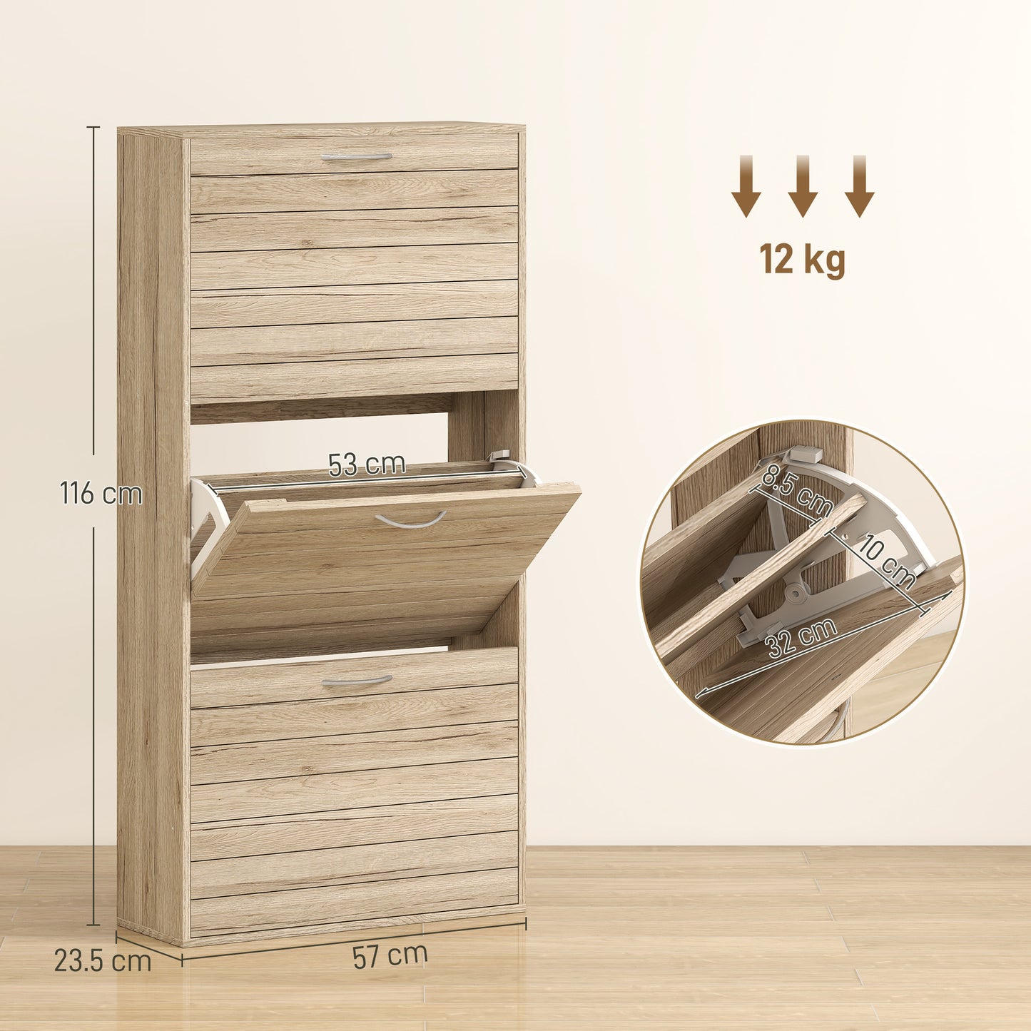 HOMCOM 12 Shoe Flip Drawer Storage Cabinet Slim Brown Wood Effect For Narrow Spaces Holds 12 Pairs