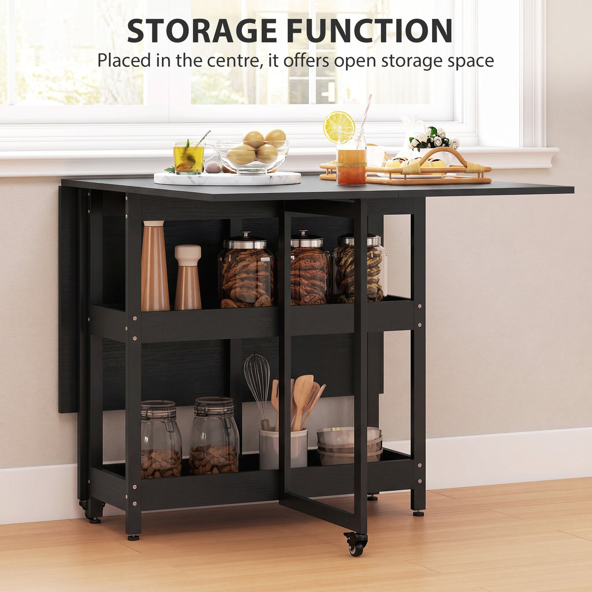 Black drop-leaf dining table with open center storage shelves