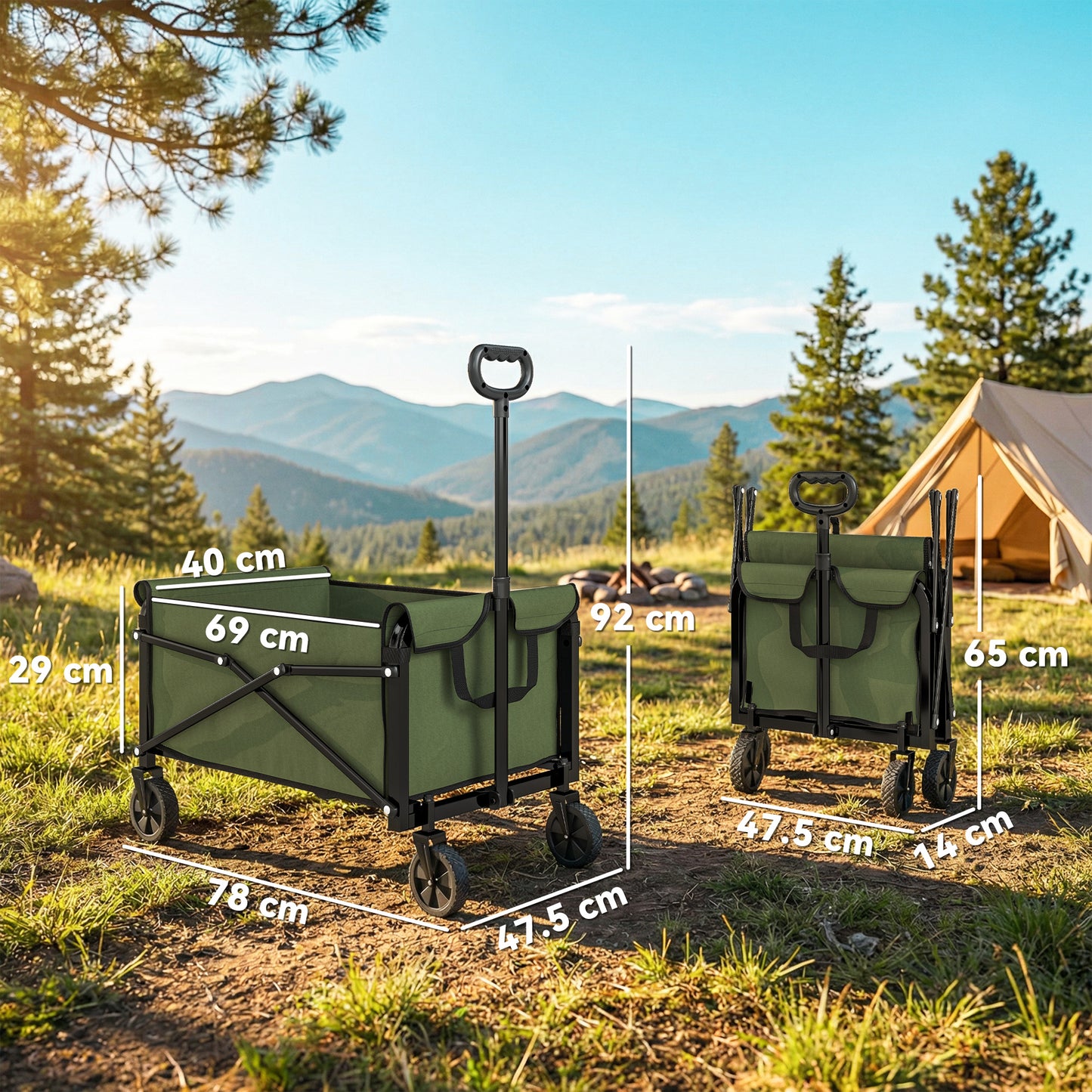 Outsunny Festival Trolley On Wheels 81L Compact Folding Garden Cart With Adjustable Handle Green