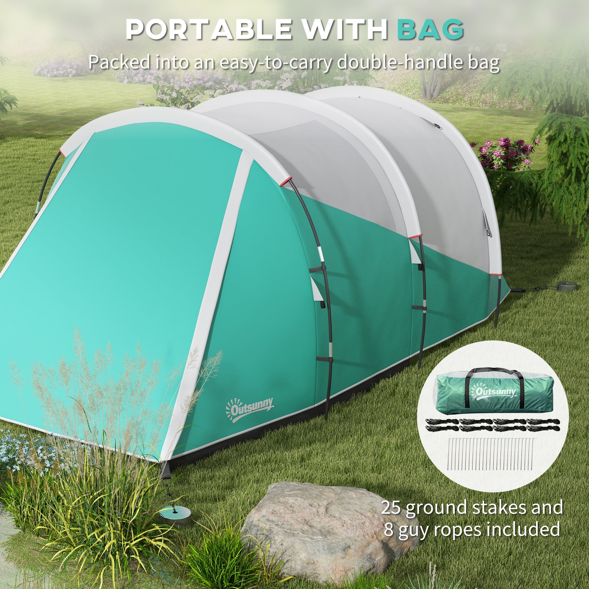 Outsunny Spacious 2-Room Family Camping Tent for 4-5 People, 3000mm Waterproof with Carry Bag, Ideal for Outdoor Adventures in Green - ALL4U RETAILER LTD