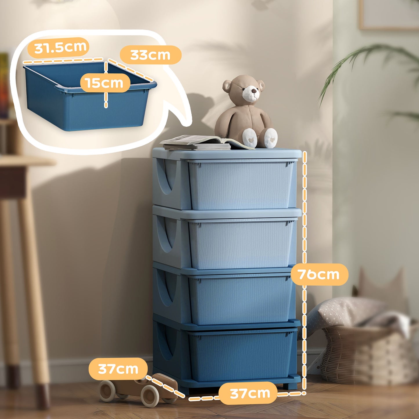 HOMCOM Four Tier Kids Storage Boxes With Four Drawers Blue PP Easy Clean Toy Organizer For Toys Books