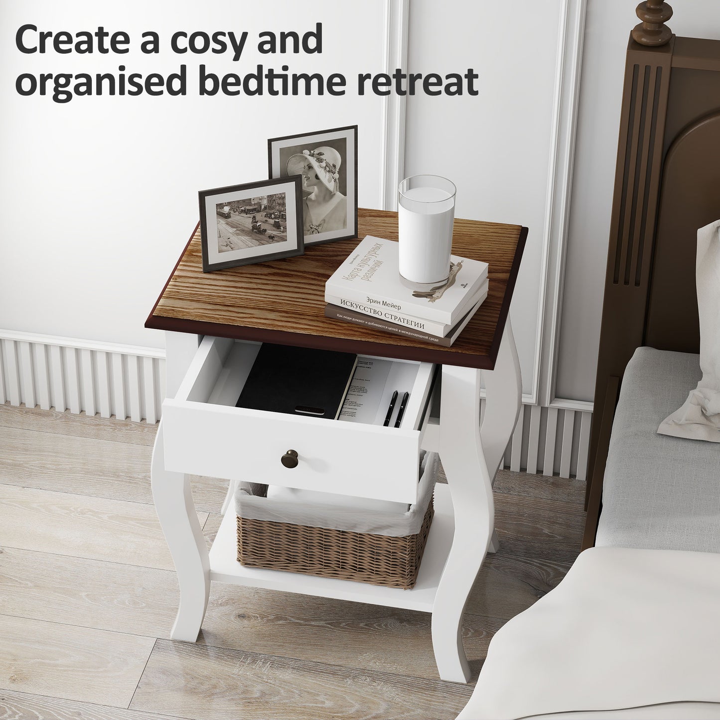 HOMCOM Two Piece Bedside Tables With Drawer In French Style With Open Shelf White Bedroom Nightstands