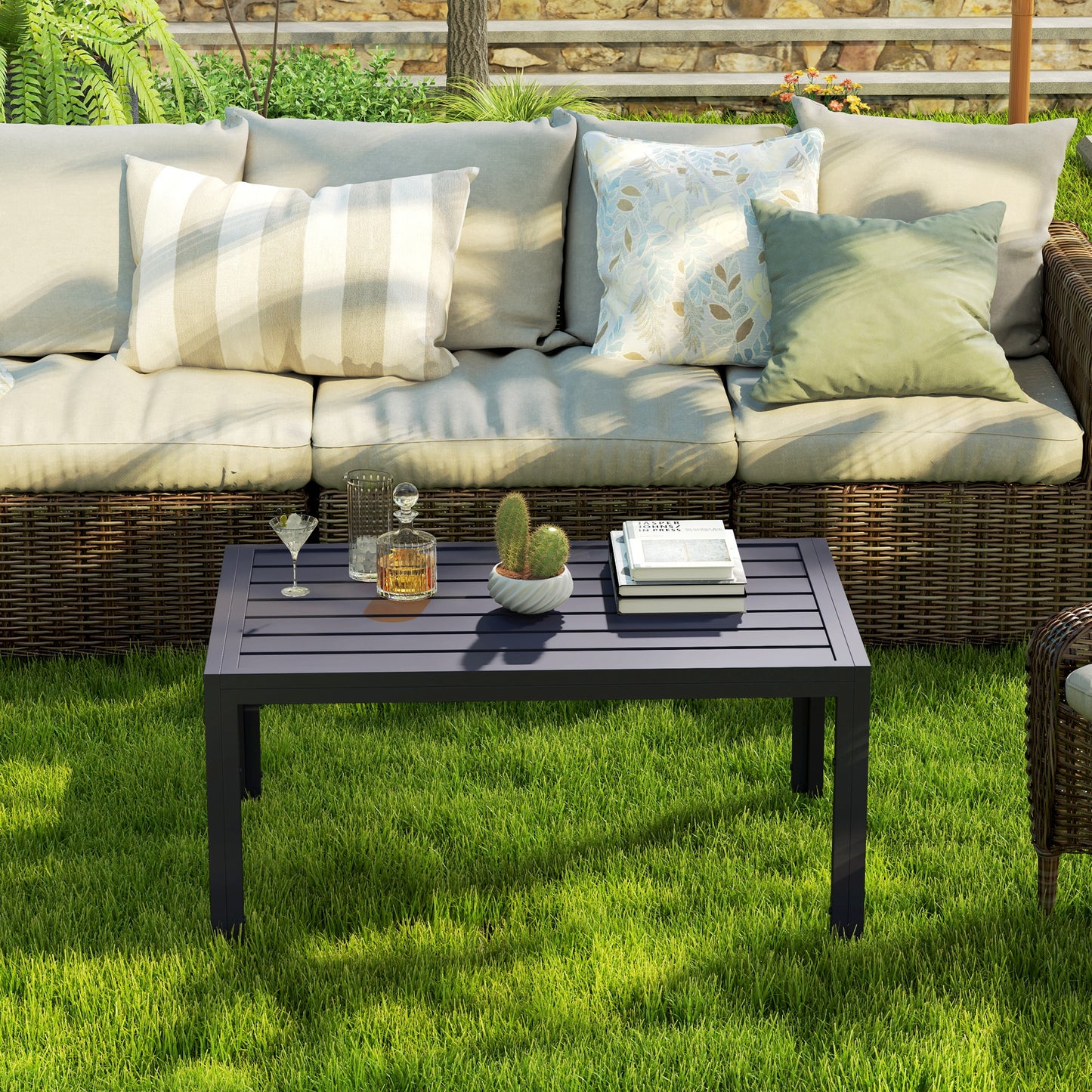 Outsunny Outdoor Side Table Rectangular Patio Table with Steel Frame and Slat Tabletop for Garden Balcony Grey