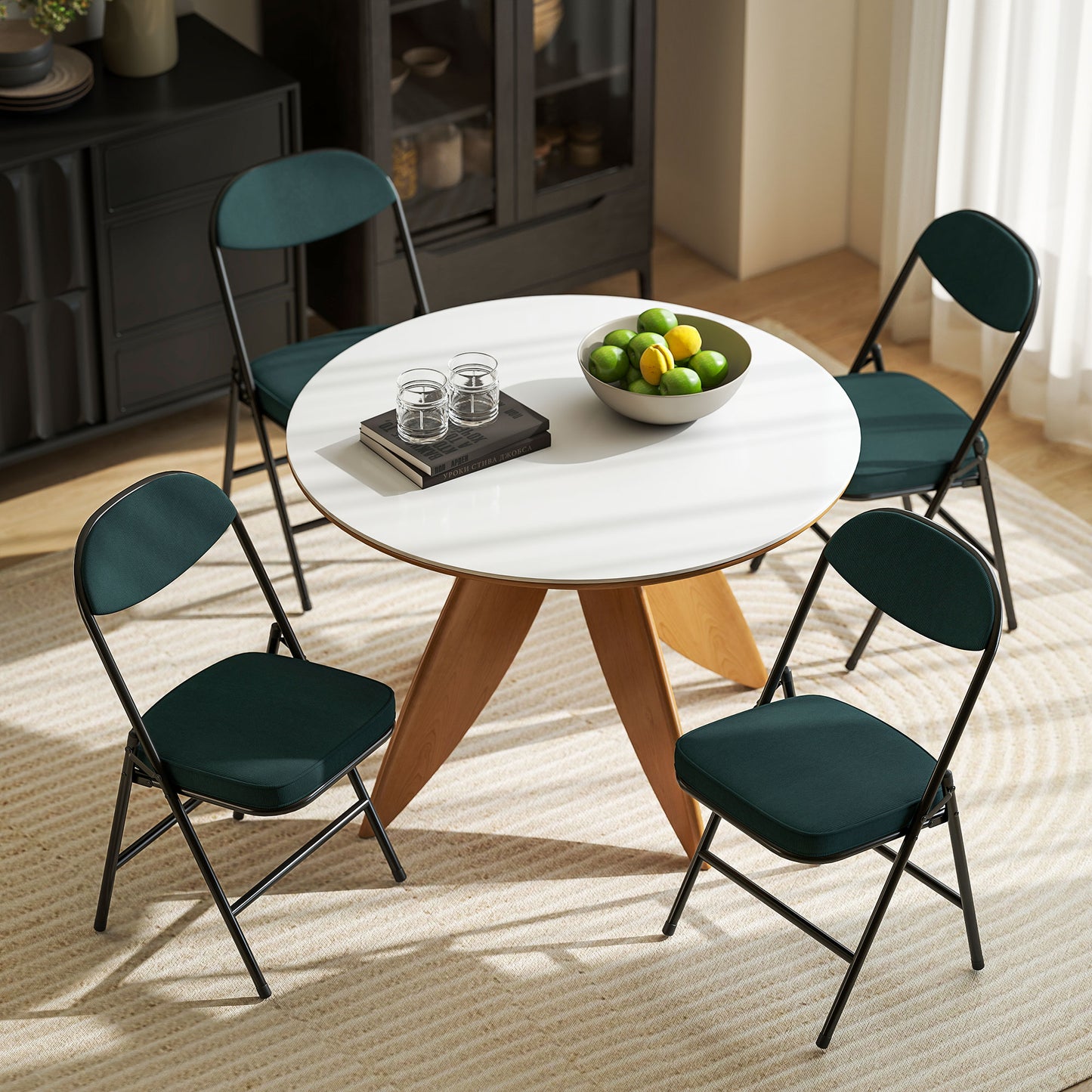HOMCOM Set Of Four Folding Corduroy Seat Chairs Teal Durable Steel Frame For Indoor And Outdoor Use