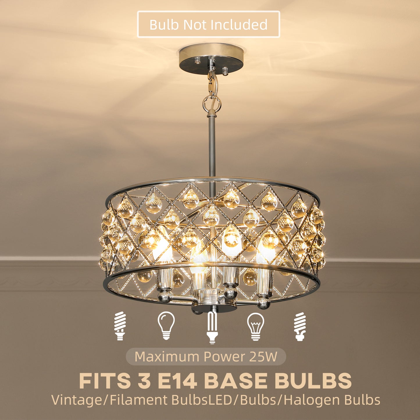 HOMCOM 51 Crystallite Four Bulb Heads Chandelier Silver Tone With Adjustable 130 cm Chain