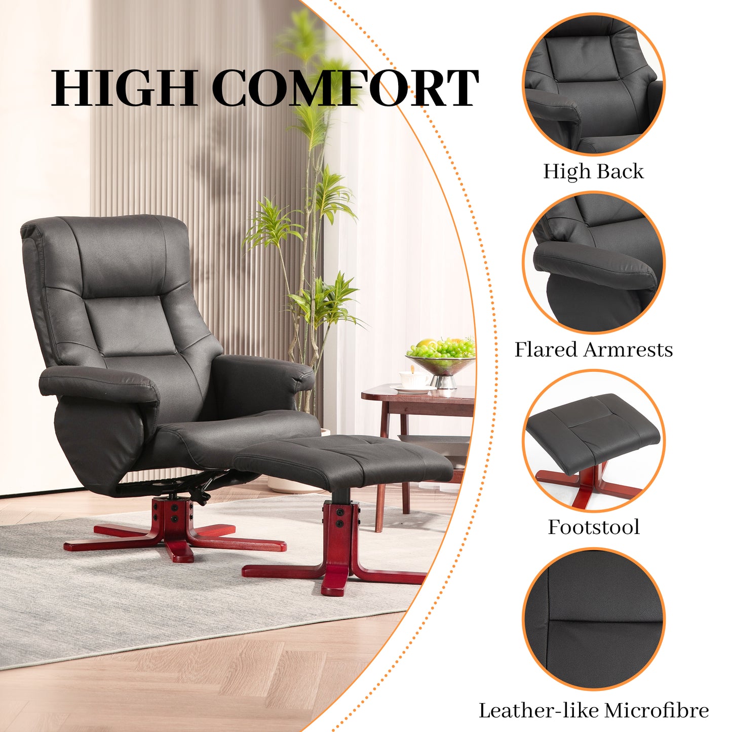 HOMCOM Black Faux Microfibre Leather Recliner and Footstool Set - Comfortable Manual Design