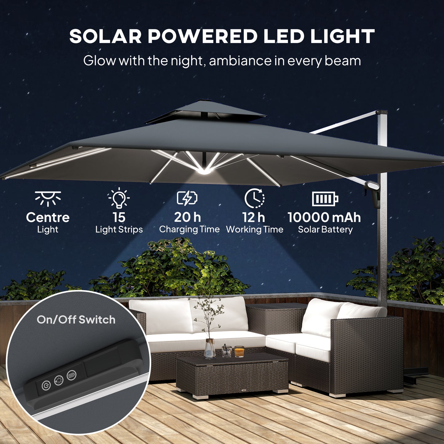 Outsunny 3m Garden Cantilever Parasol With Cross Base And Solar LED Lights 360 Degree Rotation Crank Tilt Grey