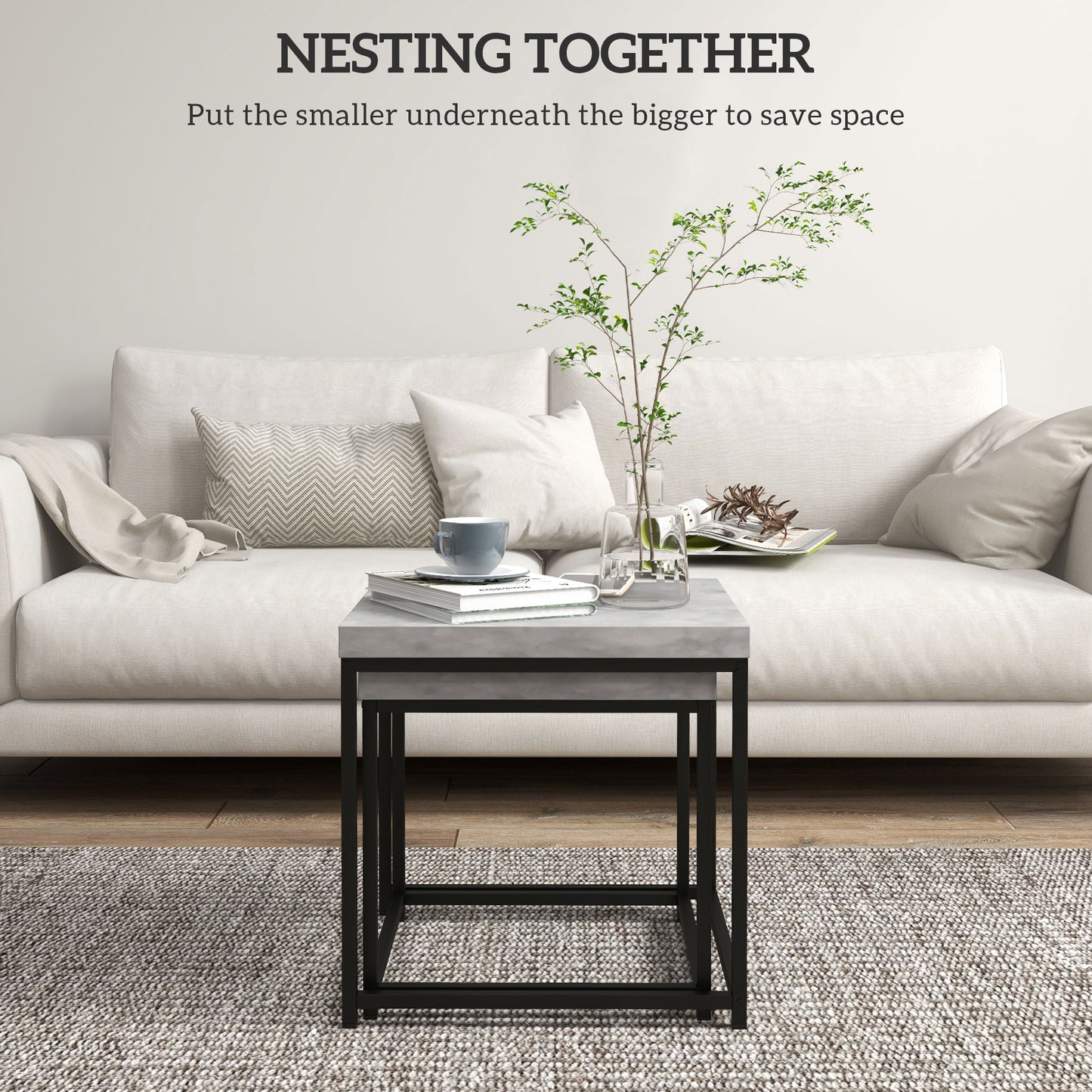 HOMCOM Nesting Coffee Table Set Of 2 With 3.5 Centimeter Thick Tabletops Grey Living Room Or Bedroom