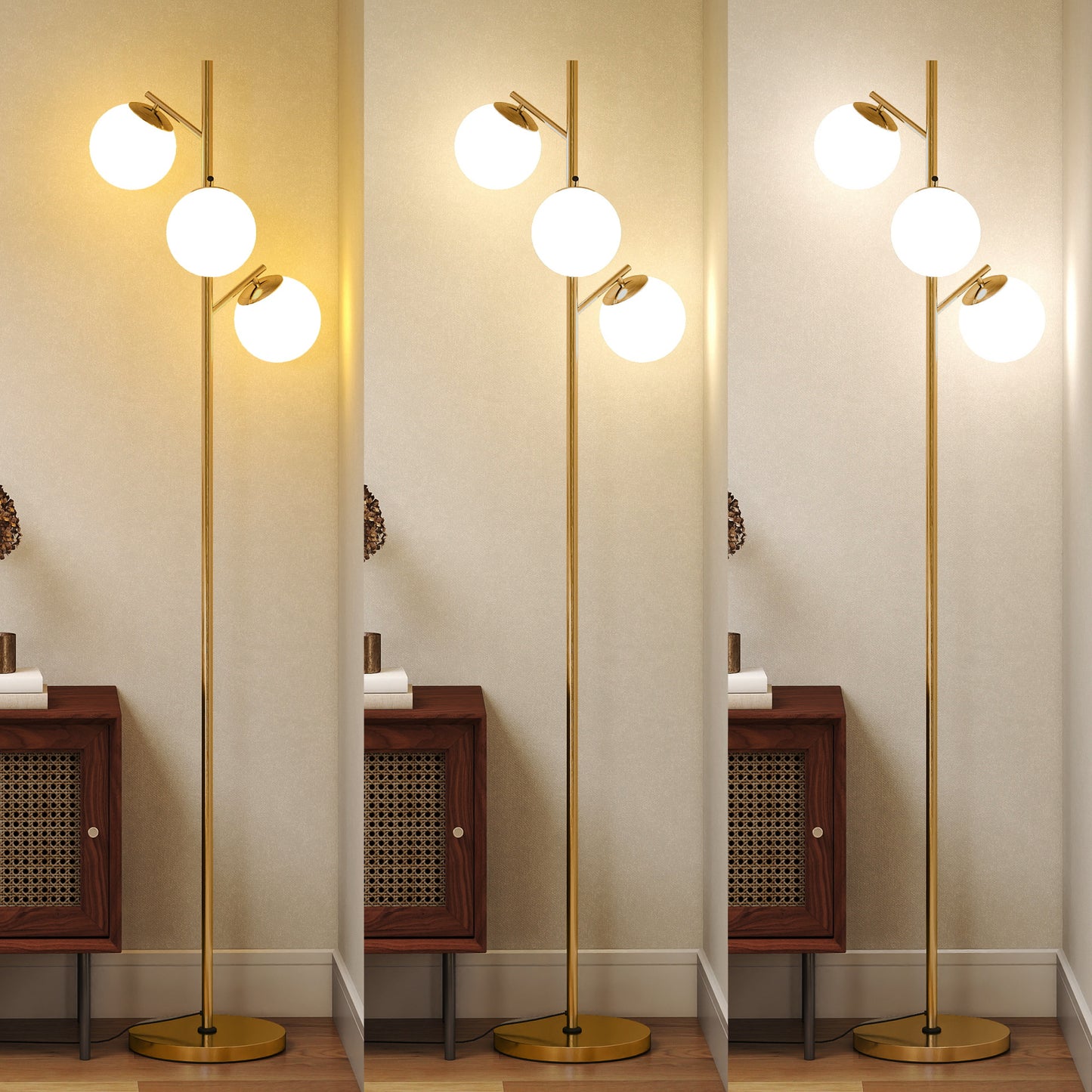 HOMCOM 3 Light Tree Floor Lamp With Globe Lampshades Modern Gold Tone Standing Light 3000K 4000K 6000K Temperatures