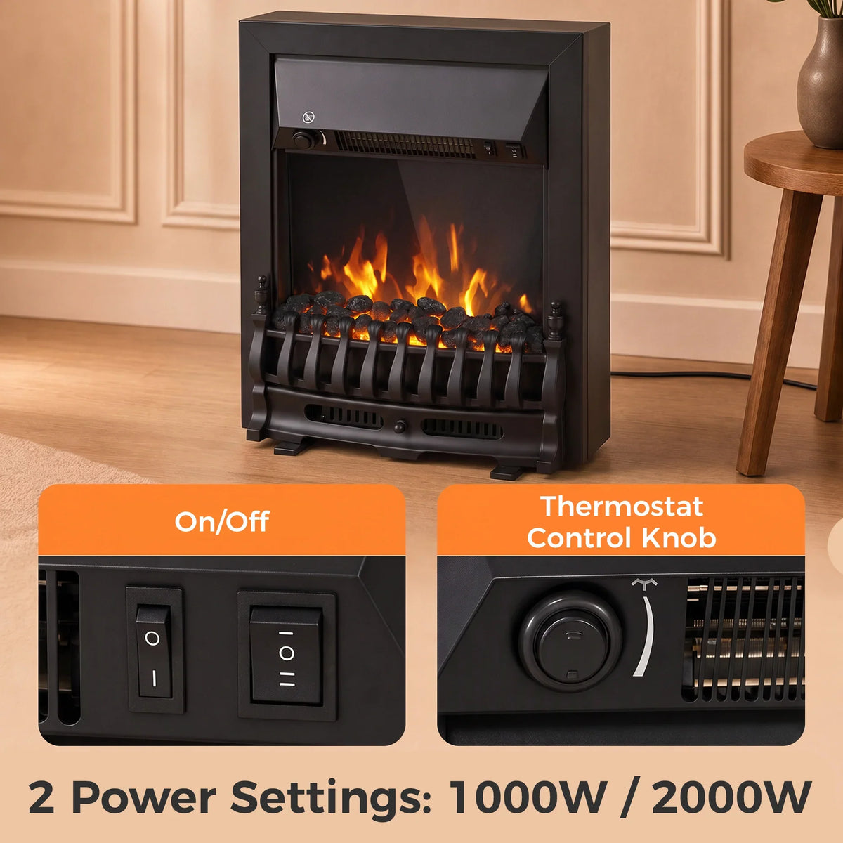 Black electric fireplace stove with LED flame effect and front heat outlet grille