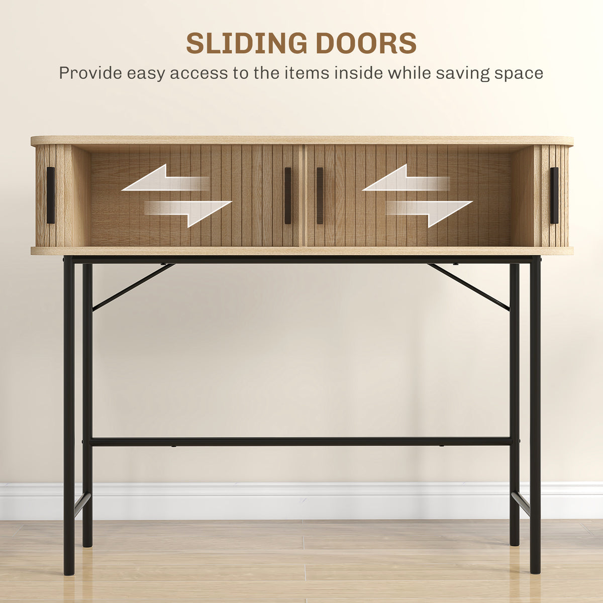 Light wood console table with two vertical slatted sliding doors and black metal legs