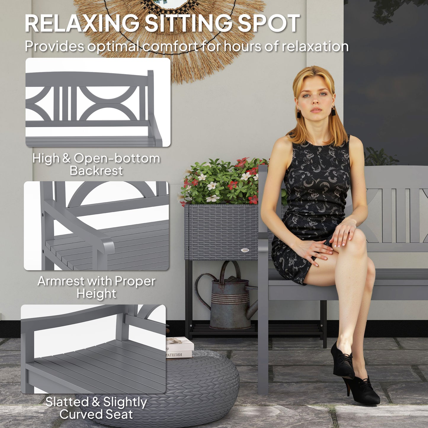Outsunny 2 Seater Wooden Garden Bench Outdoor Patio Loveseat For Porch Grey Weather Resistant Poplar Wood
