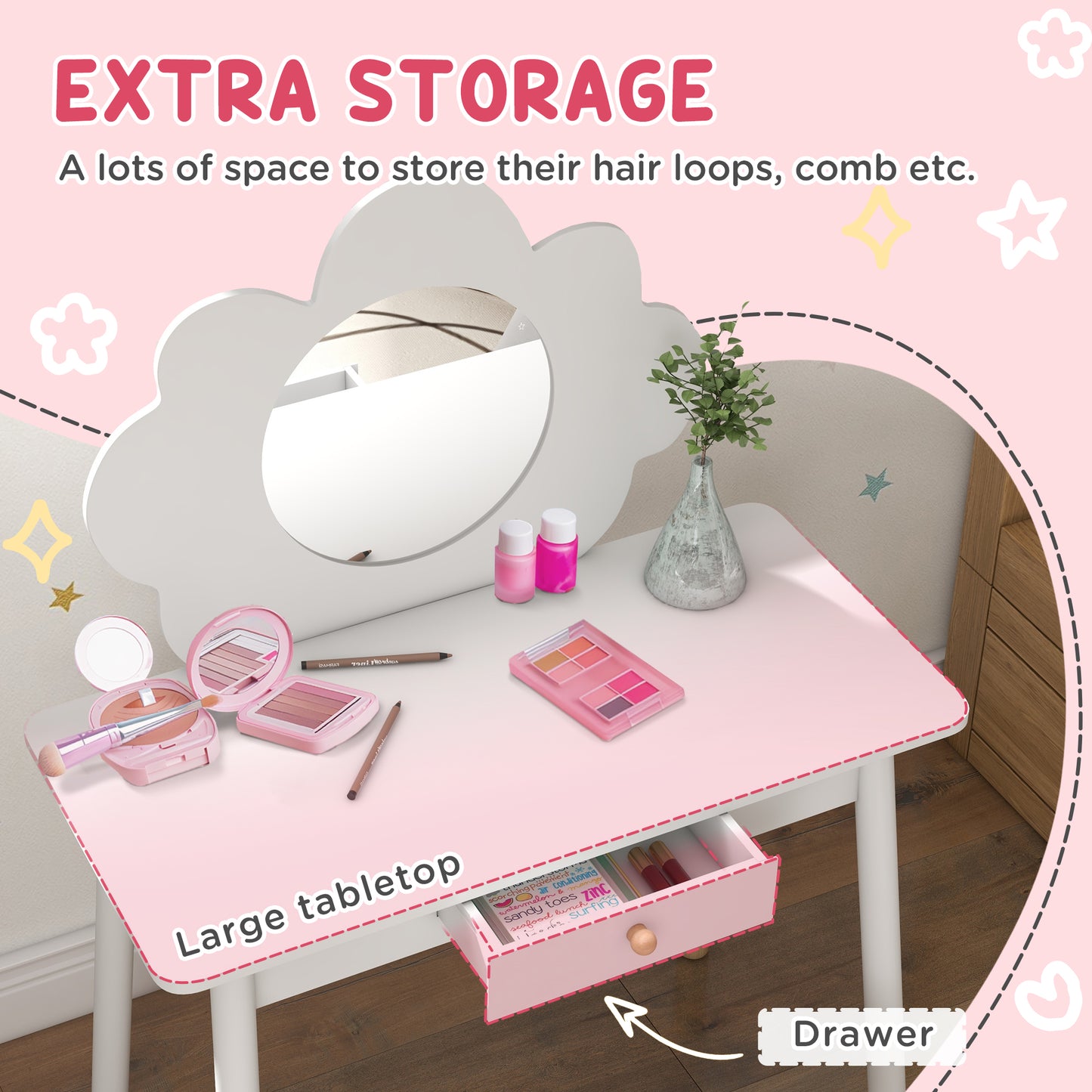AIYAPLAY Kids Dressing Table Set With Mirror And Stool Drawer Cloud Design White