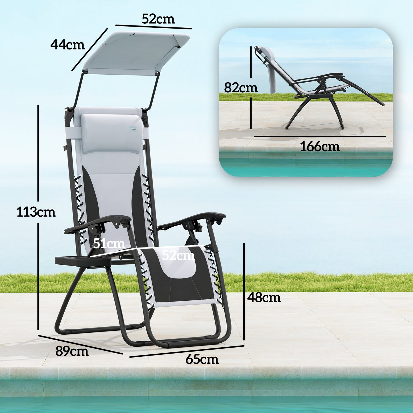 Outsunny Zero Gravity Lounge Chair Set of 2 Folding Reclining Patio Chairs with Shade Cover Cup Holder Headrest