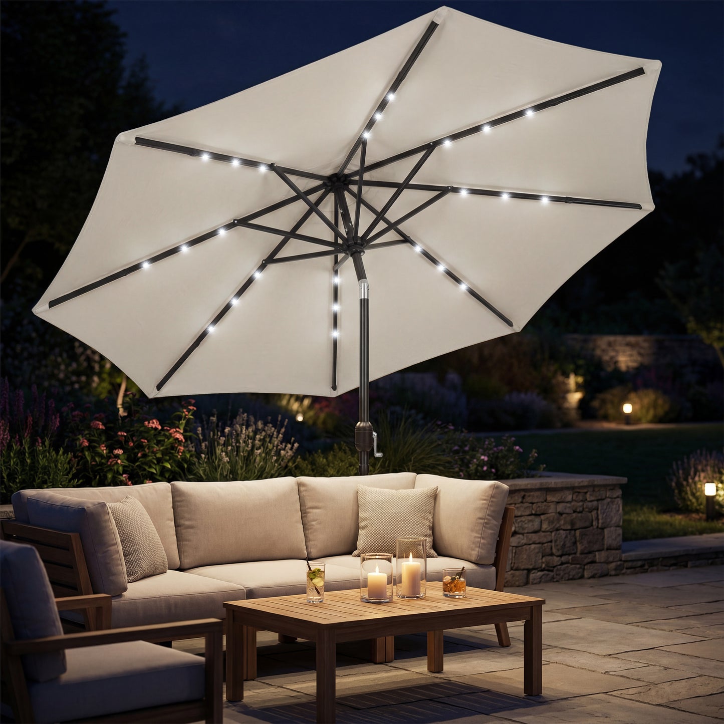 Outsunny 2.6 m Garden Parasol Umbrella With LED Solar Light And Cover For Patio Outdoor Market Umbrella Light Grey