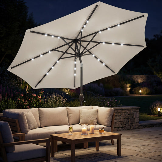Outsunny 2.6 m Garden Parasol Umbrella With LED Solar Light And Cover For Patio Outdoor Market Umbrella Light Grey