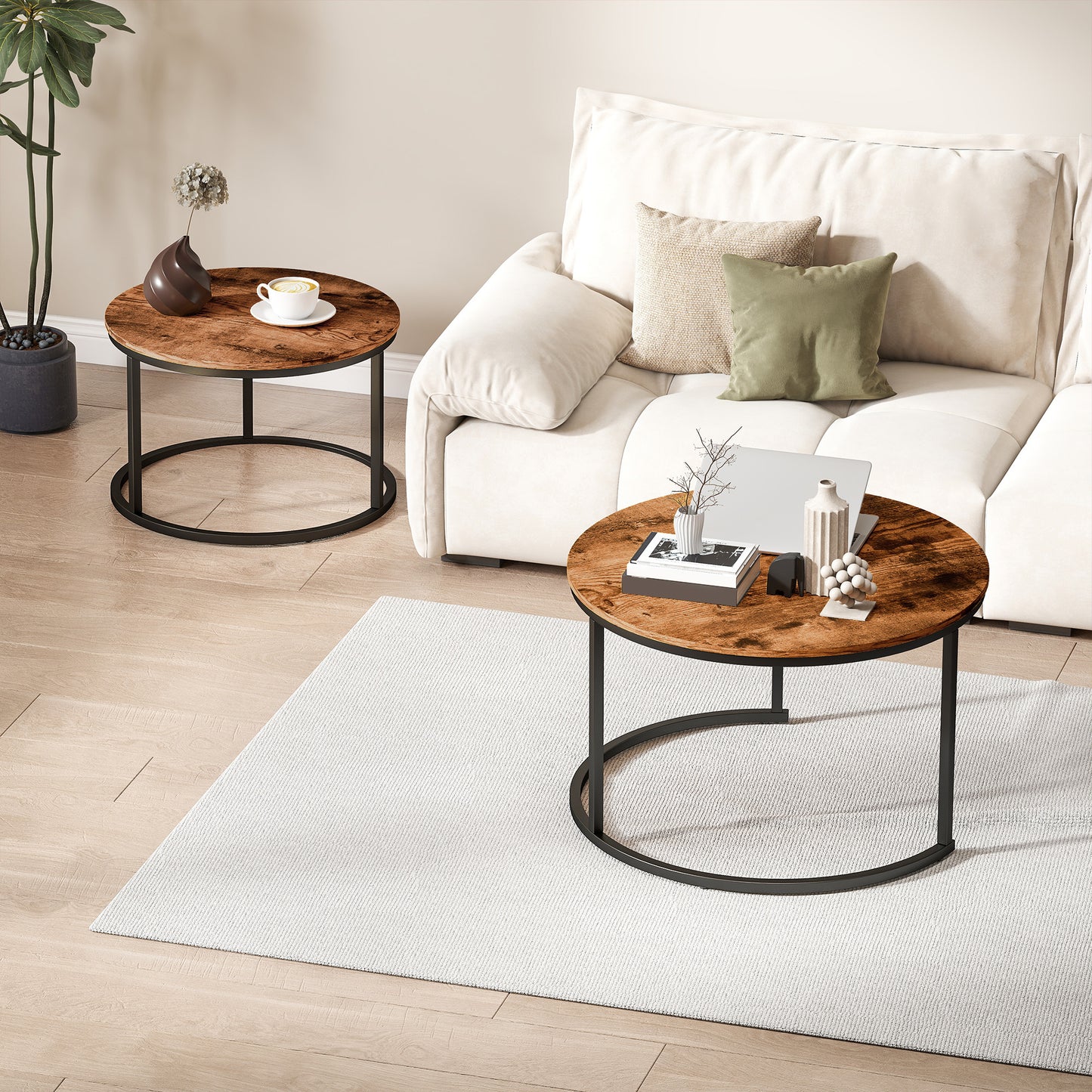 HOMCOM Coffee Table Set of 2 Round Nesting Tables with Metal Frame Rustic Brown Modern Living Room Side Tables