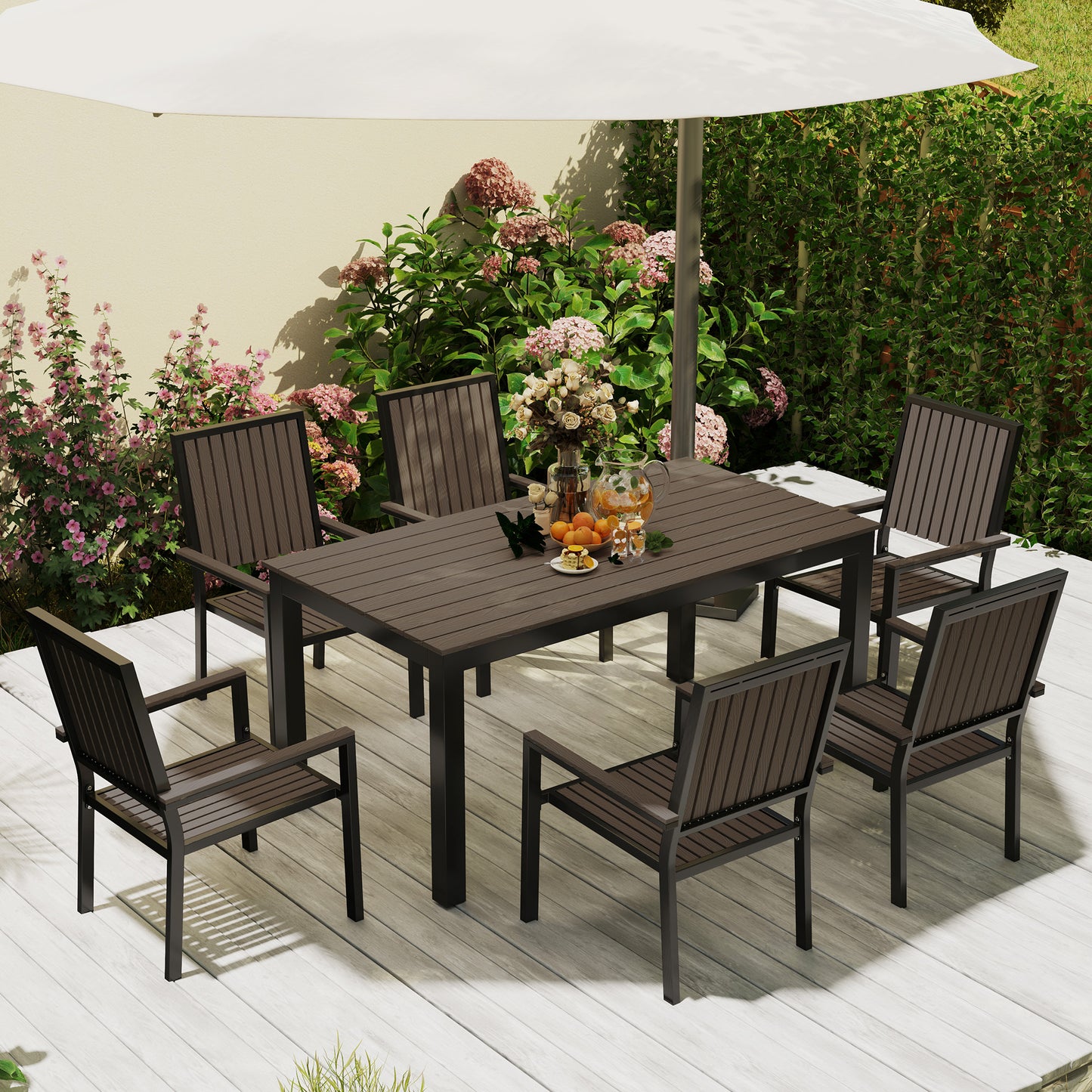 Outsunny 6 Seater Outdoor Garden Dining Set With Stackable Chairs Aluminium Frame Rectangular Plastic Top Brown