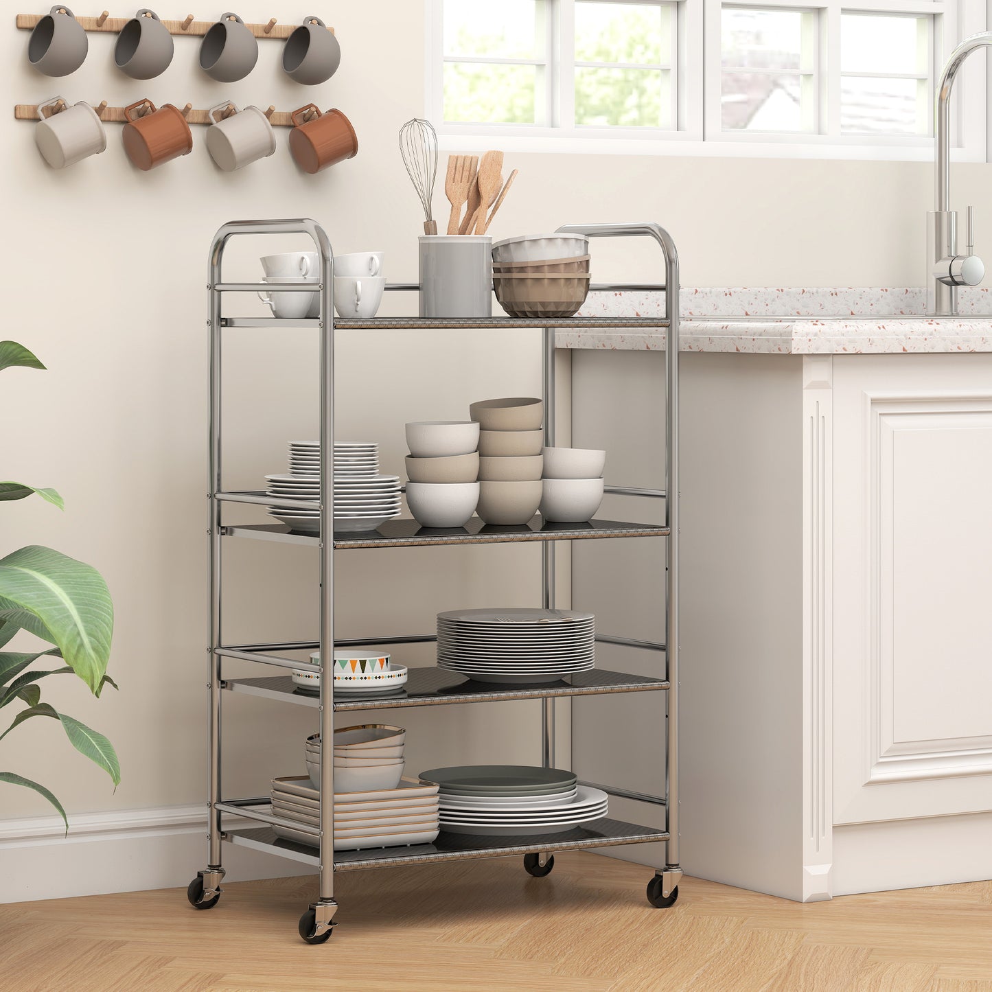 HOMCOM 4 Tier Stainless Steel Kitchen Storage Trolley With Adjustable Shelves And Locking Wheels Silver