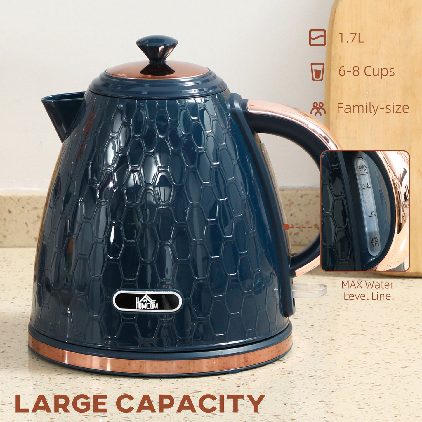 HOMCOM 3000W Rapid Boil Kettle With Honeycomb Design Dark Blue Auto Shut Off Boil Dry Protection For Tea And Coffee