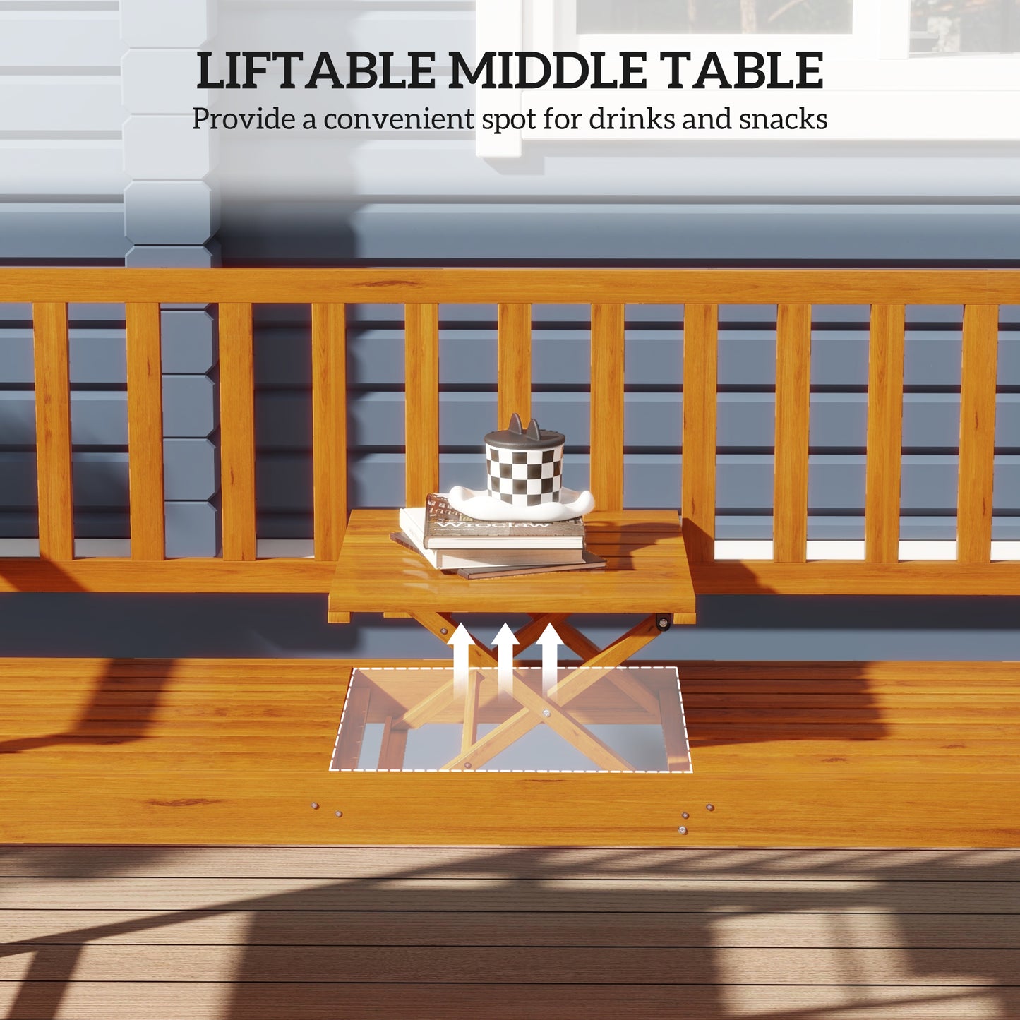 Outsunny Wooden Bench With Liftable Middle Table Outdoor Garden Loveseat For Patio And Porch Seats Two To Three
