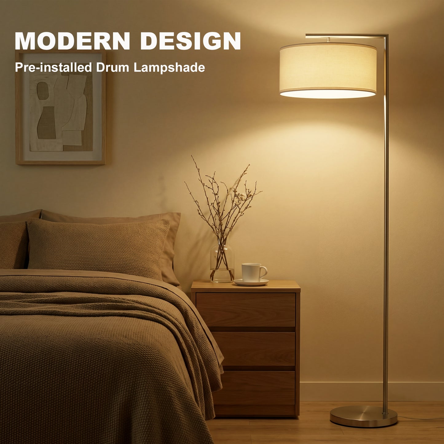 HOMCOM Floor Lamp Modern Standing Lamp With Linen Lampshade 153cm Silver Tone For Living Room Bedroom Dining Room