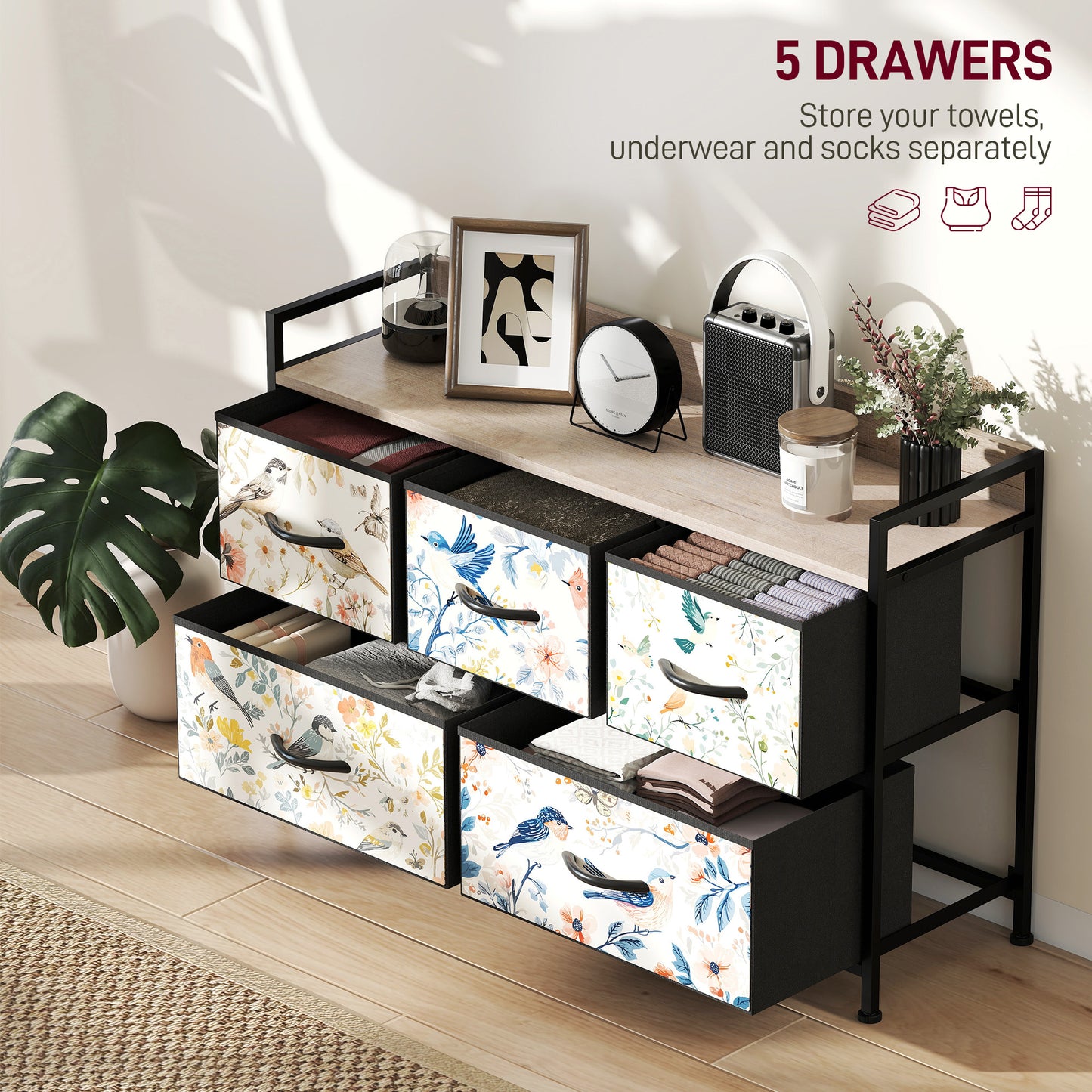 HOMCOM Five Drawer Fabric Chest of Drawers in White With Removable Foldable Fabric Drawers and Patterned Panel Fronts