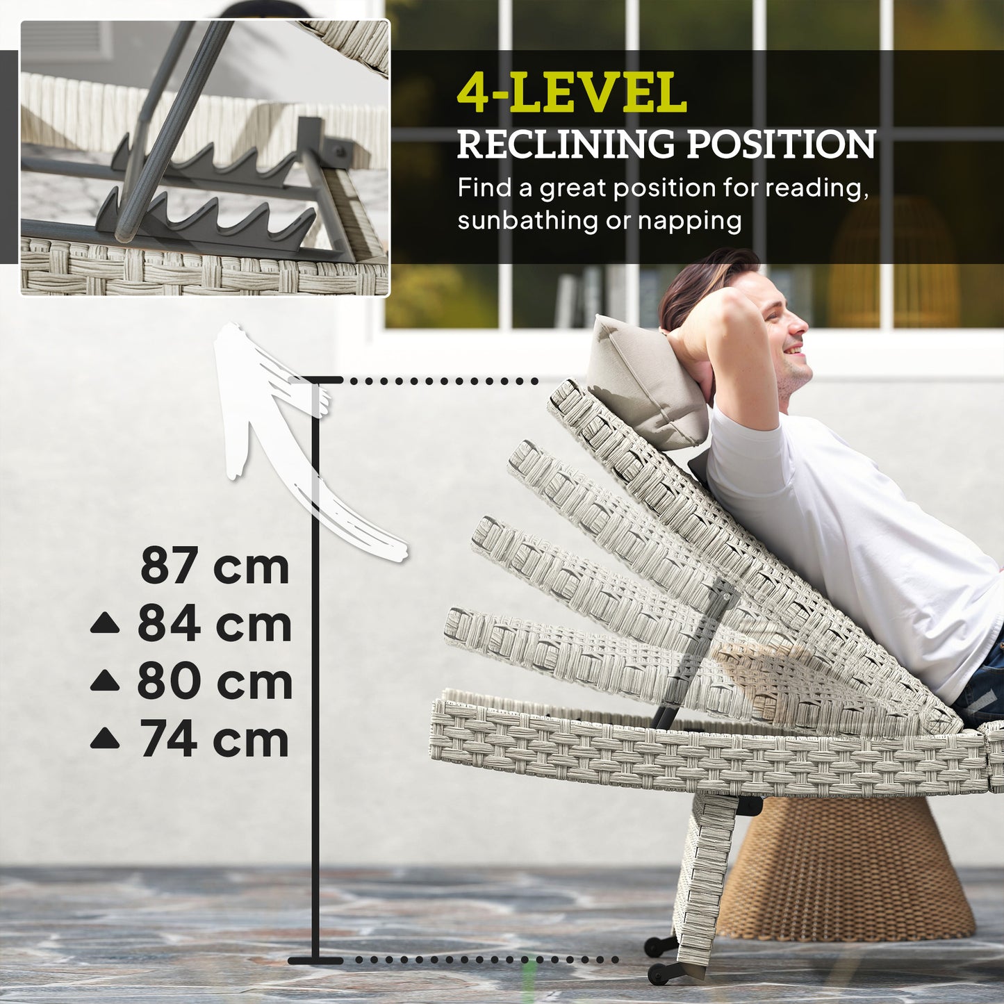 Outsunny Outdoor PE Rattan Sun Lounger Folding Wicker Recliner Four Level Adjustable Backrest With Wheels Grey