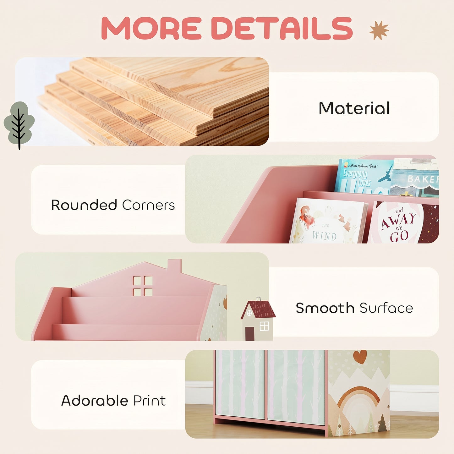 AIYAPLAY Kids Bookshelf With Storage Toy Display Shelves And Fabric Drawers Pink Playroom Nursery