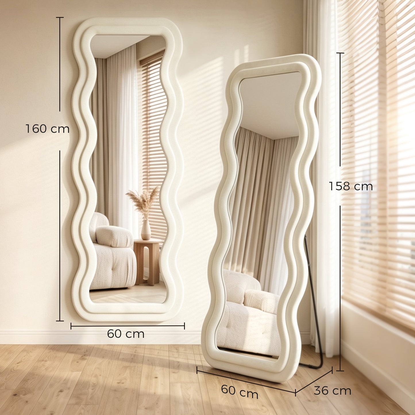 HOMCOM Full Length Mirror 160 x 60 cm Wavy Velvet Frame Wall Standing Mirror With Tempered Glass Cream White