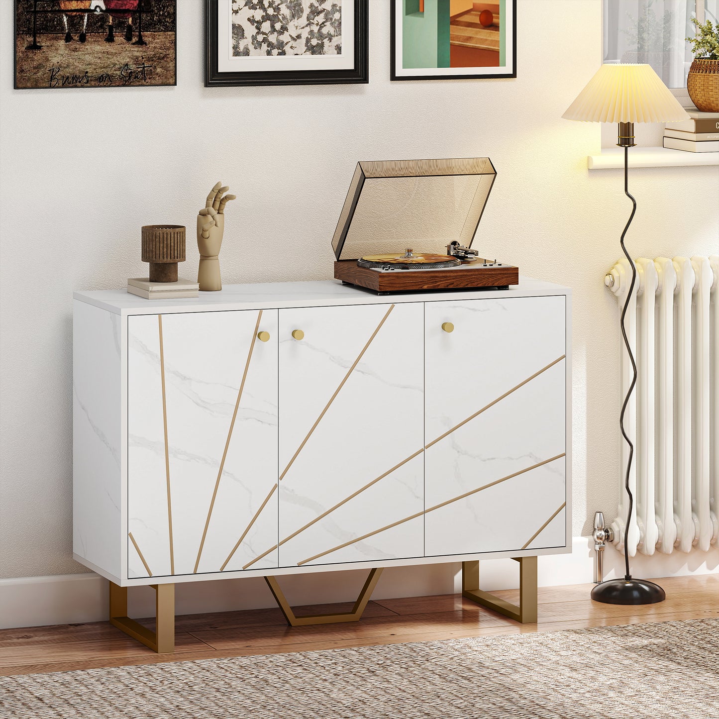 HOMCOM White Marble Tone Sideboard Cabinet With Adjustable Shelves And Metal Legs For Living Room Kitchen Dining Hallway